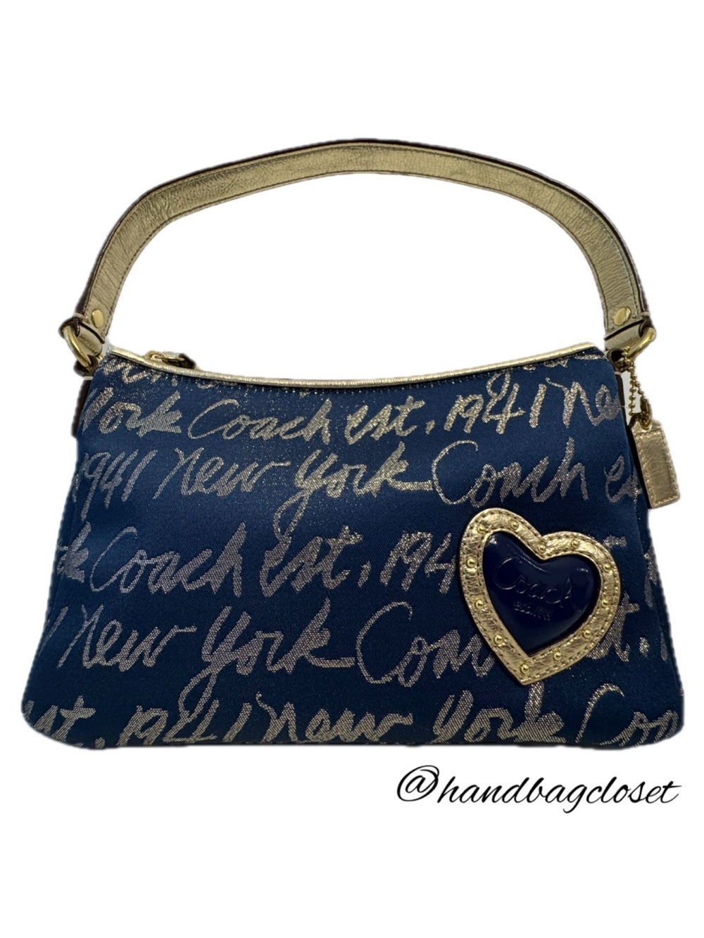Coach Y2K Poppy Signature Script Navy Gold Story Patch Bag F45679 NWT